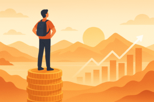 Pessoa em pé sobre pilhas de moedas olhando para o horizonte, com gráfico de crescimento financeiro ao fundo, simbolizando liberdade financeira.