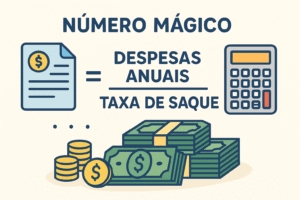 Fórmula do número mágico financeiro: despesas anuais divididas pela taxa de saque, com ilustrações de dinheiro, calculadora e documento.