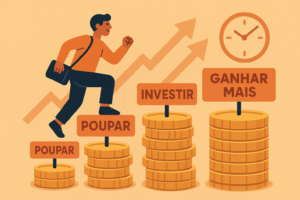 Pessoa subindo pilhas de moedas com as etapas “Poupar”, “Investir” e “Ganhar mais”, simbolizando a evolução rumo ao sucesso financeiro.