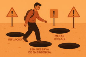 Pessoa caminhando em meio a buracos no chão rotulados como “Inflação”, “Sem reserva de emergência” e “Metas irreais”, simbolizando os perigos do mau planejamento financeiro.