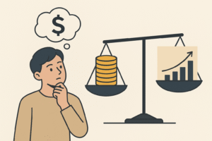 Pessoa pensativa observando uma balança com moedas de um lado e um gráfico de crescimento do outro, simbolizando a reflexão sobre poupar ou investir.