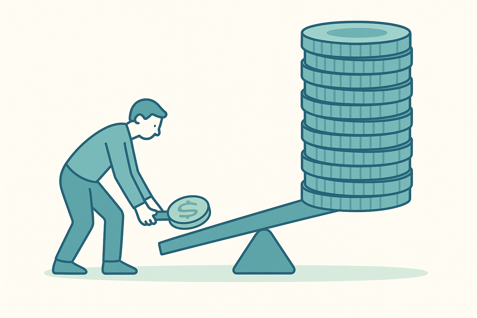 Pessoa colocando uma moeda em uma gangorra que levanta uma pilha grande de moedas, simbolizando o efeito multiplicador de um bom investimento.