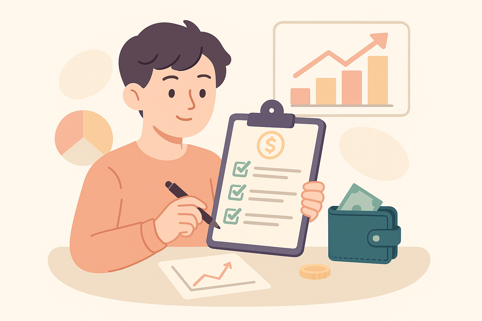 Pessoa sorridente segura uma prancheta com checklist de finanças, ao lado de gráficos, carteira com dinheiro e anotações financeiras.