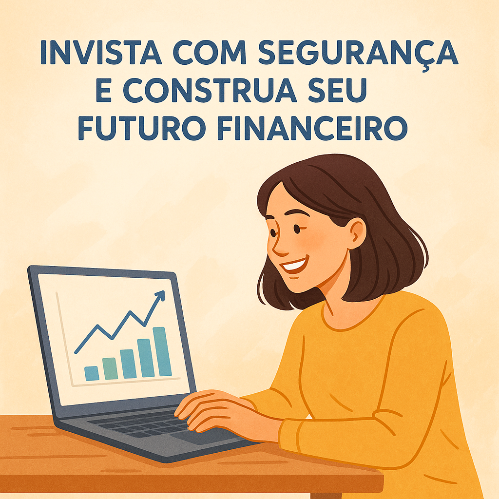 Mulher sorridente usando notebook com gráfico de crescimento, acompanhada da frase “Invista com segurança e construa seu futuro financeiro”.