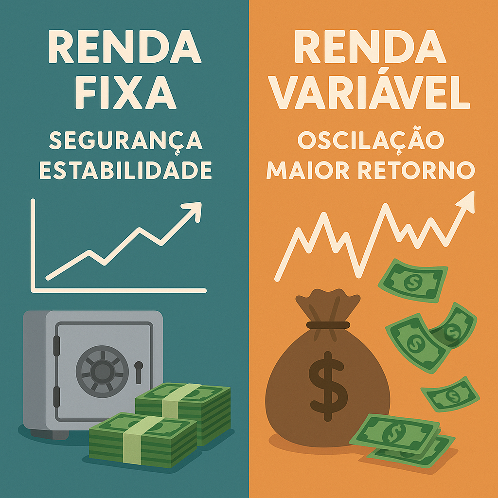 Comparação ilustrada entre Renda Fixa e Renda Variável, destacando segurança, estabilidade, oscilação e maior retorno.