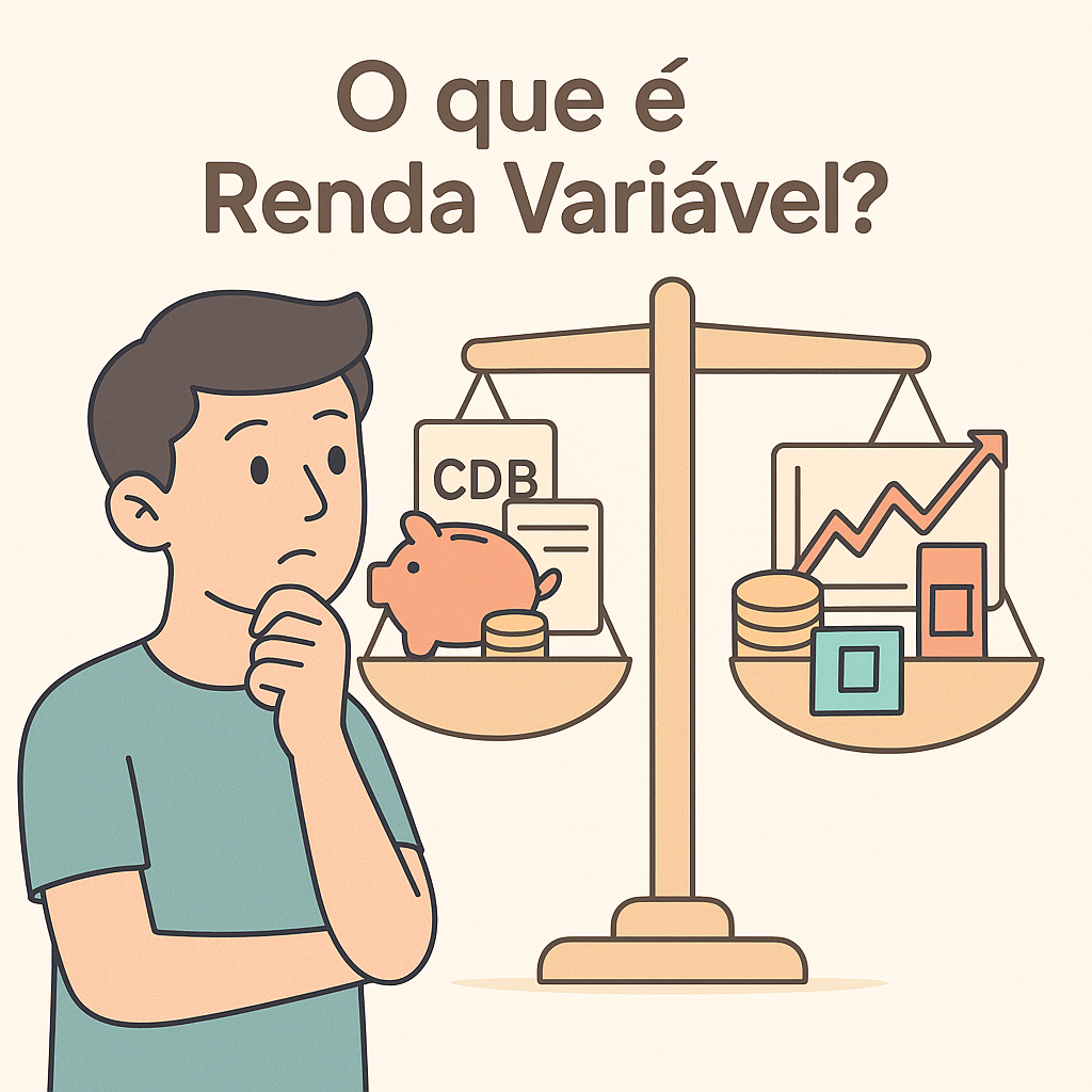 Ilustração de um homem pensativo diante de uma balança com ativos de renda fixa e variável, representando a dúvida sobre o que é renda variável.