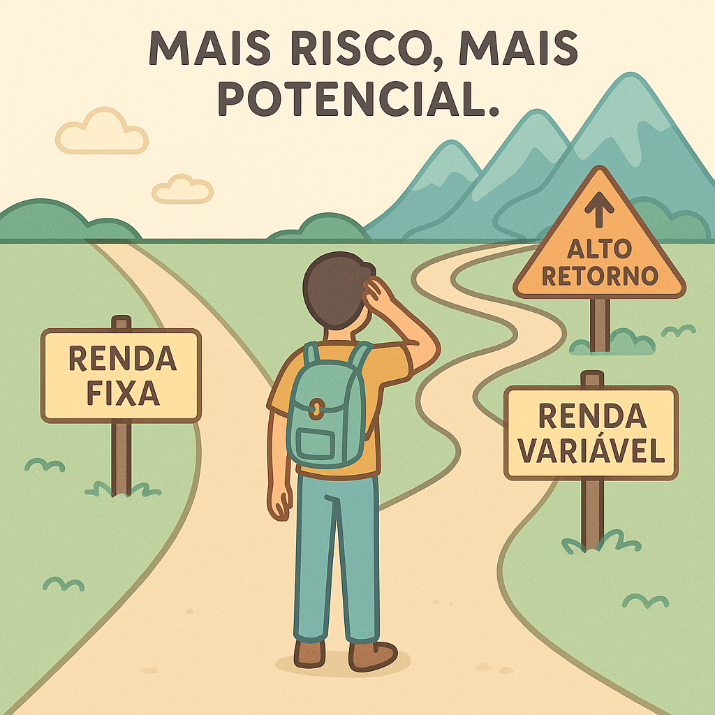 Pessoa diante de dois caminhos de investimento: renda fixa e renda variável, com uma placa indicando “alto retorno” no caminho mais arriscado.