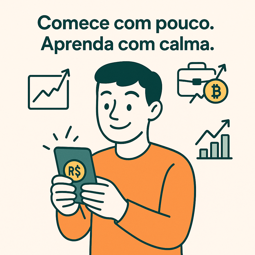 Jovem sorridente usando celular para aprender sobre investimentos, com ícones de gráfico, Bitcoin e crescimento financeiro ao fundo.