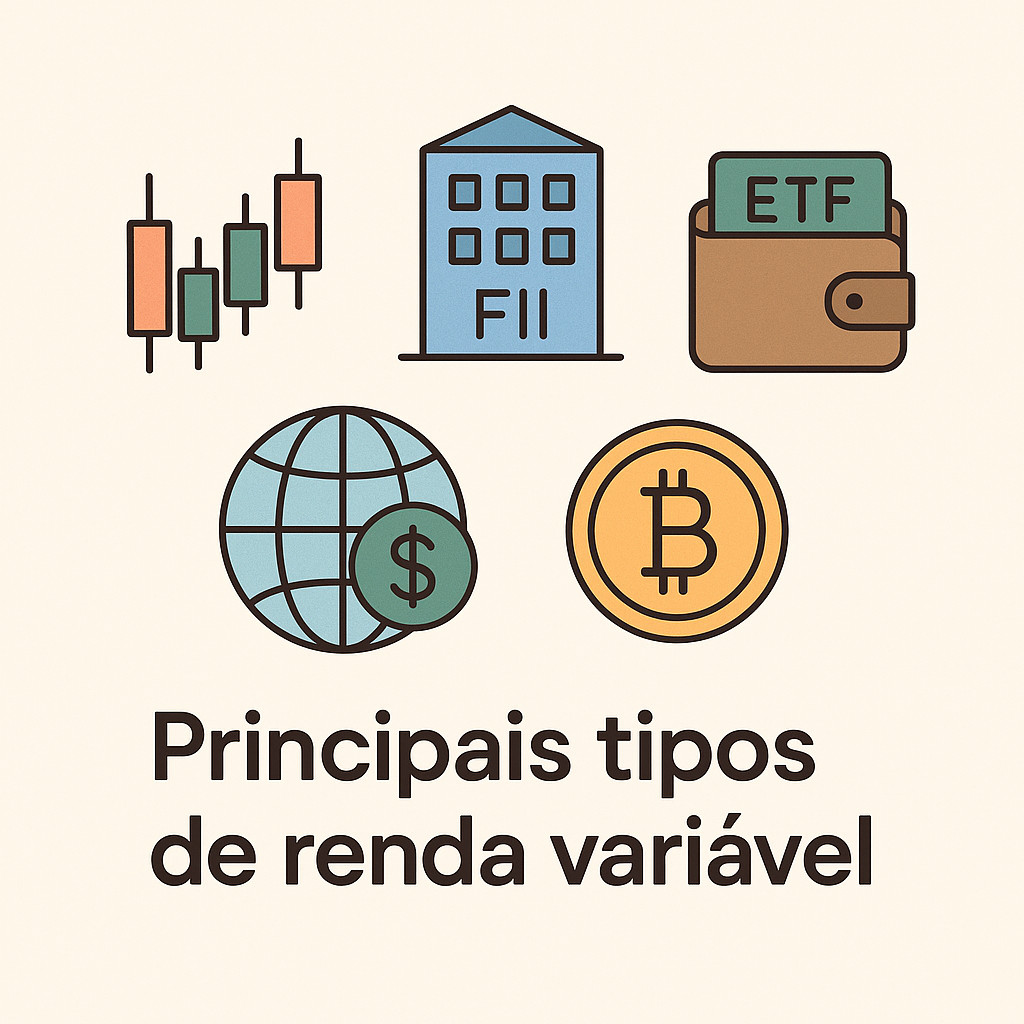 Ícones ilustrando os principais tipos de renda variável: ações, fundos imobiliários (FII), ETFs, moedas globais e Bitcoin.