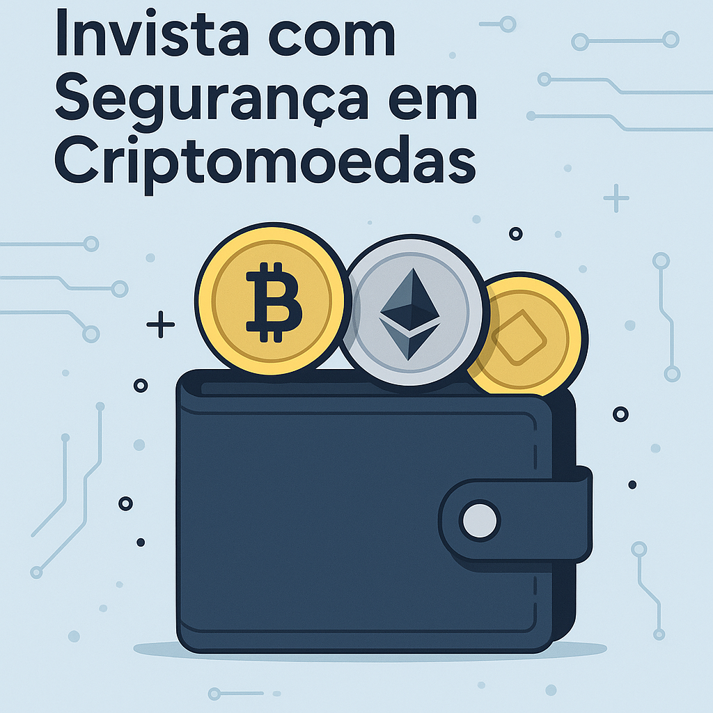 Carteira digital com moedas de criptomoedas, incluindo Bitcoin, Ethereum e outra moeda digital, com o texto “Invista com segurança em criptomoedas”.