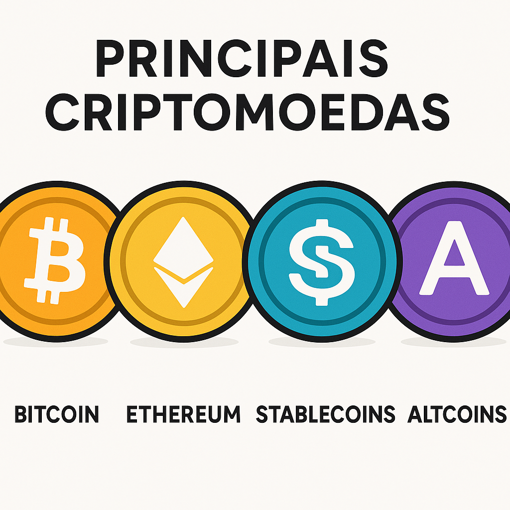 Ilustração com moedas representando Bitcoin, Ethereum, Stablecoins e Altcoins, em cores vibrantes com ícones e texto.