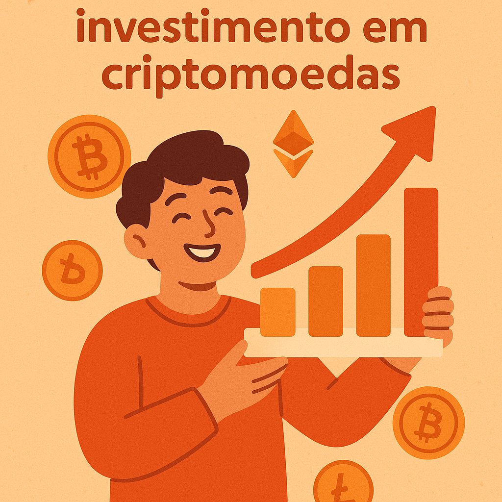 Homem sorrindo segurando gráfico de crescimento, rodeado por ícones de Bitcoin e Ethereum, com o texto “investimento em criptomoedas”.