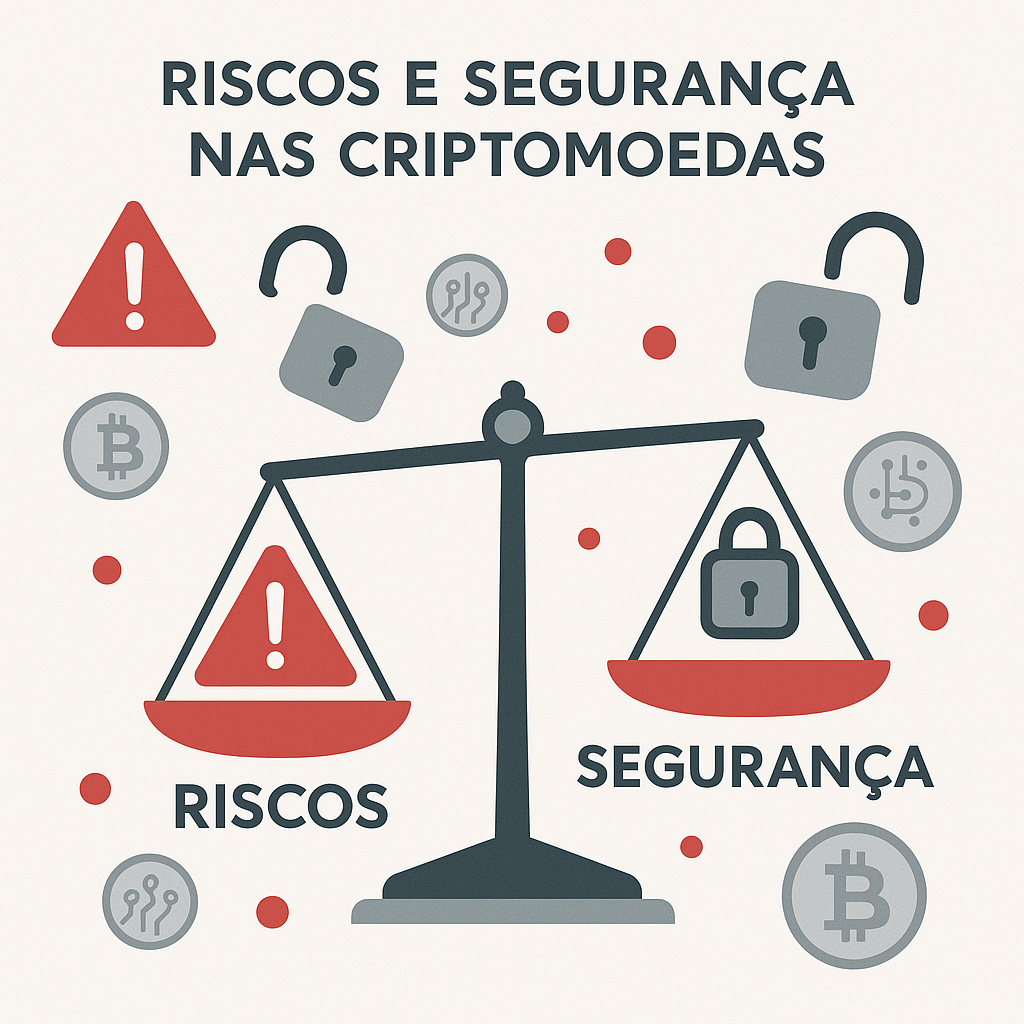 Balança com ícones representando riscos e segurança em criptomoedas, com cadeados e símbolos de alerta.