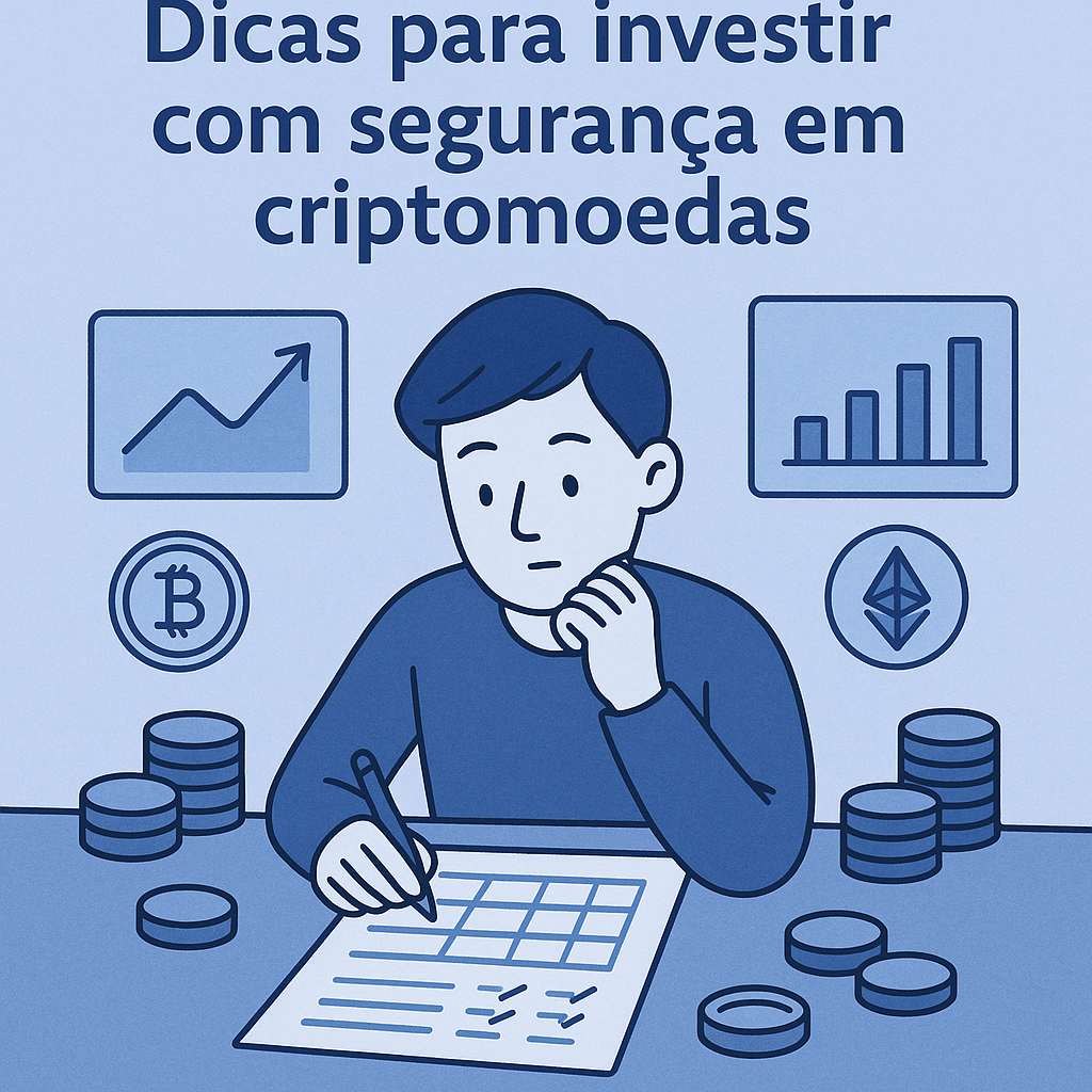 Pessoa analisando uma planilha com ícones de criptomoedas ao redor, representando segurança nos investimentos.