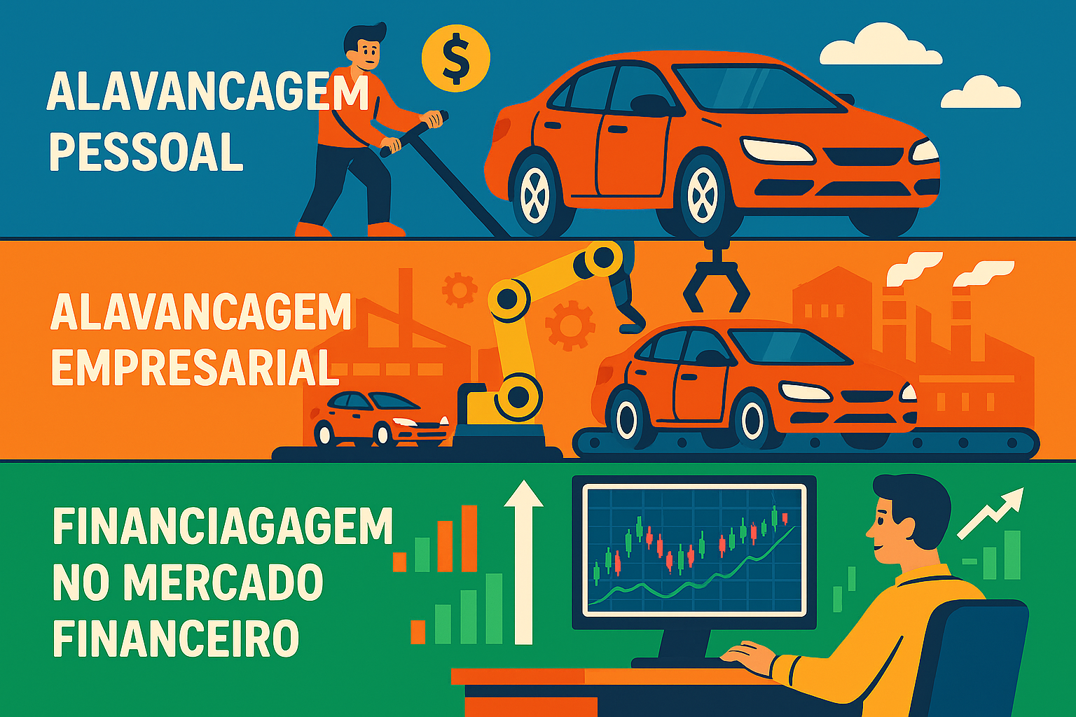 Infográfico ilustrando três tipos de alavancagem: pessoal, empresarial e no mercado financeiro, com ícones representando cada conceito.
