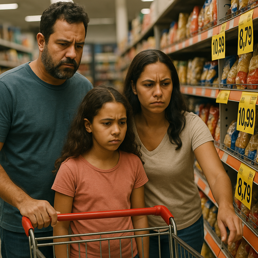 Família preocupada analisando os preços de produtos em uma prateleira de supermercado.