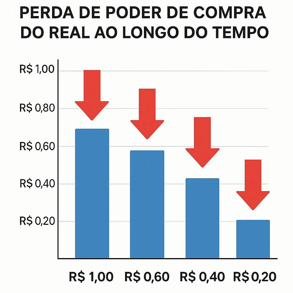 Gráfico ilustrando a perda de poder de compra do real ao longo do tempo, com barras decrescentes de R$ 1,00 a R$ 0,20.