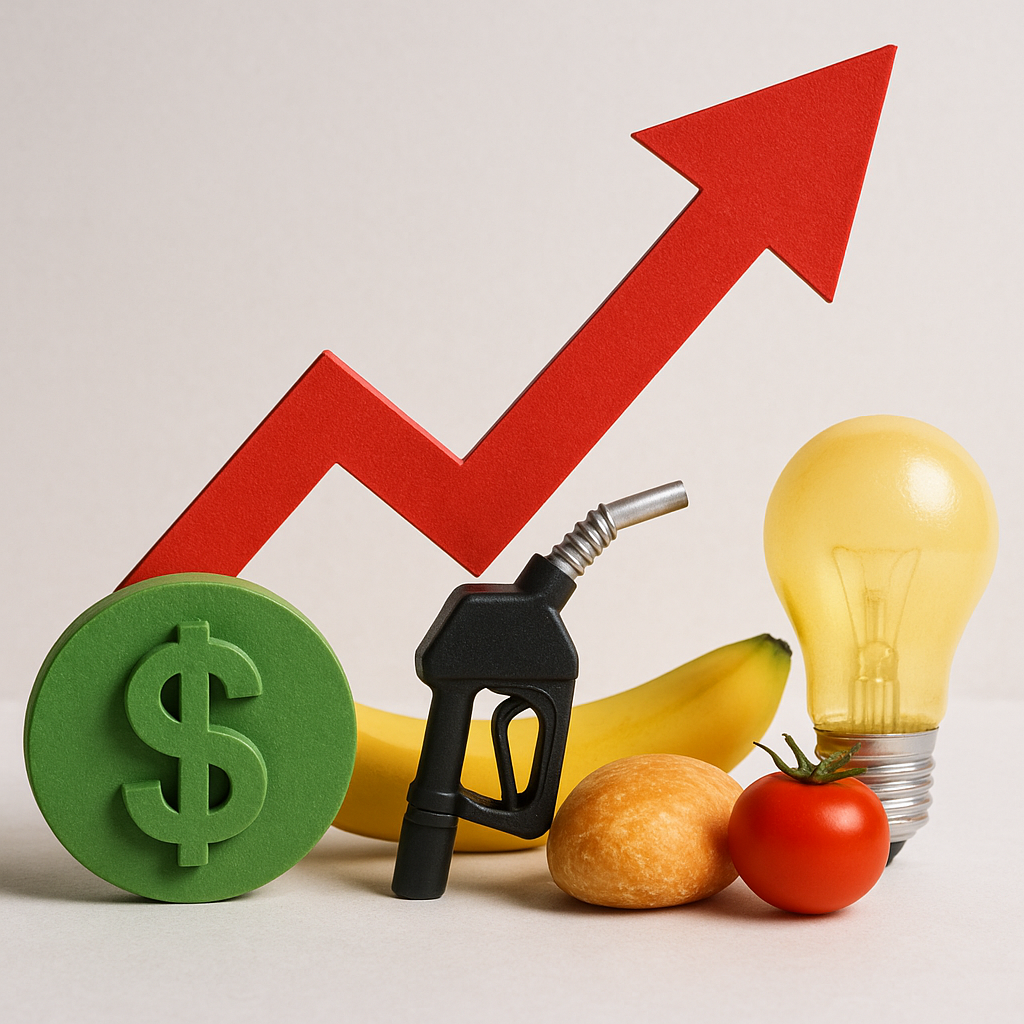 Símbolos de inflação com alimentos, combustível, energia e seta vermelha apontando para cima representando o aumento dos preços.