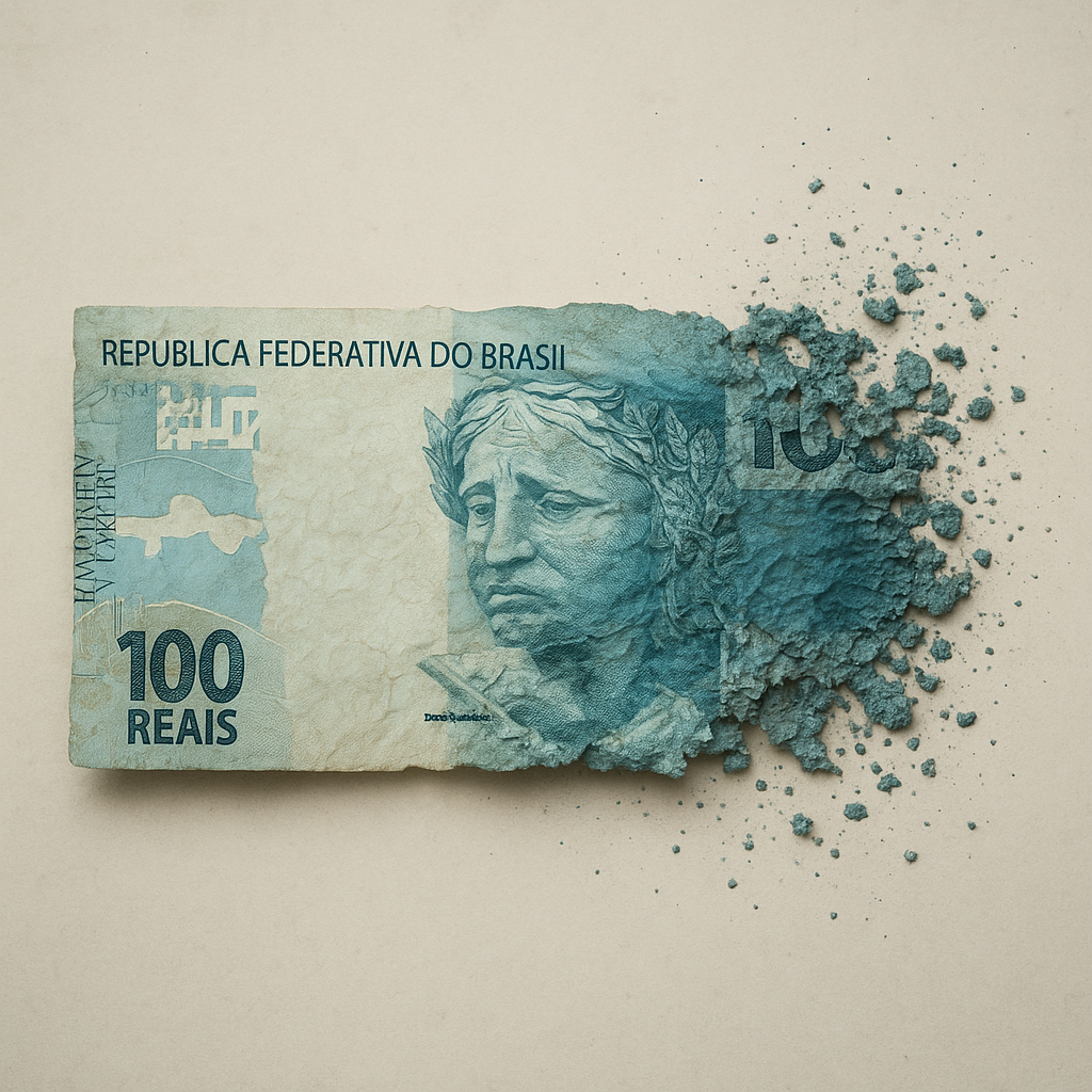 Nota de 100 reais brasileira se desfazendo em pó, simbolizando a perda do poder de compra pela inflação.