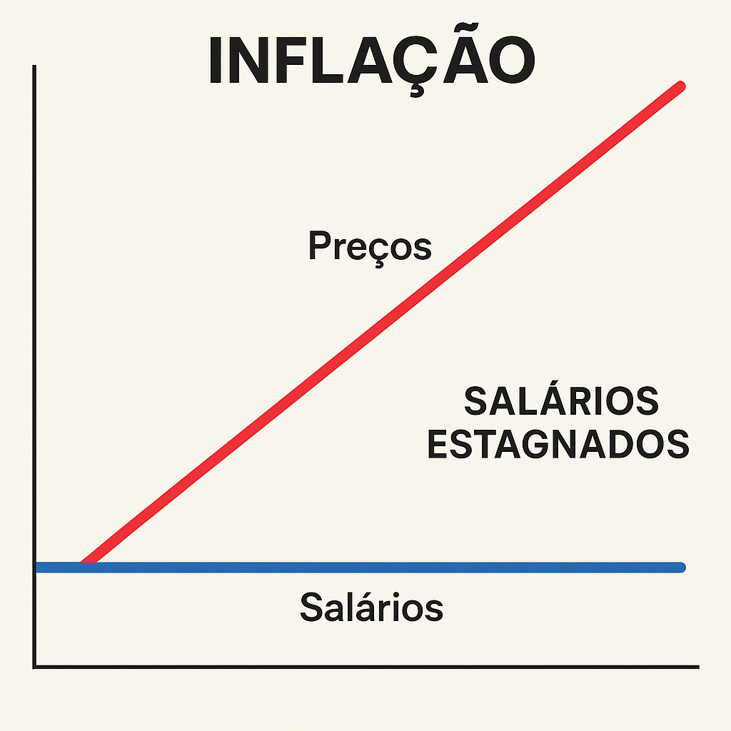 Gráfico mostra os preços subindo com a inflação enquanto os salários permanecem estagnados.