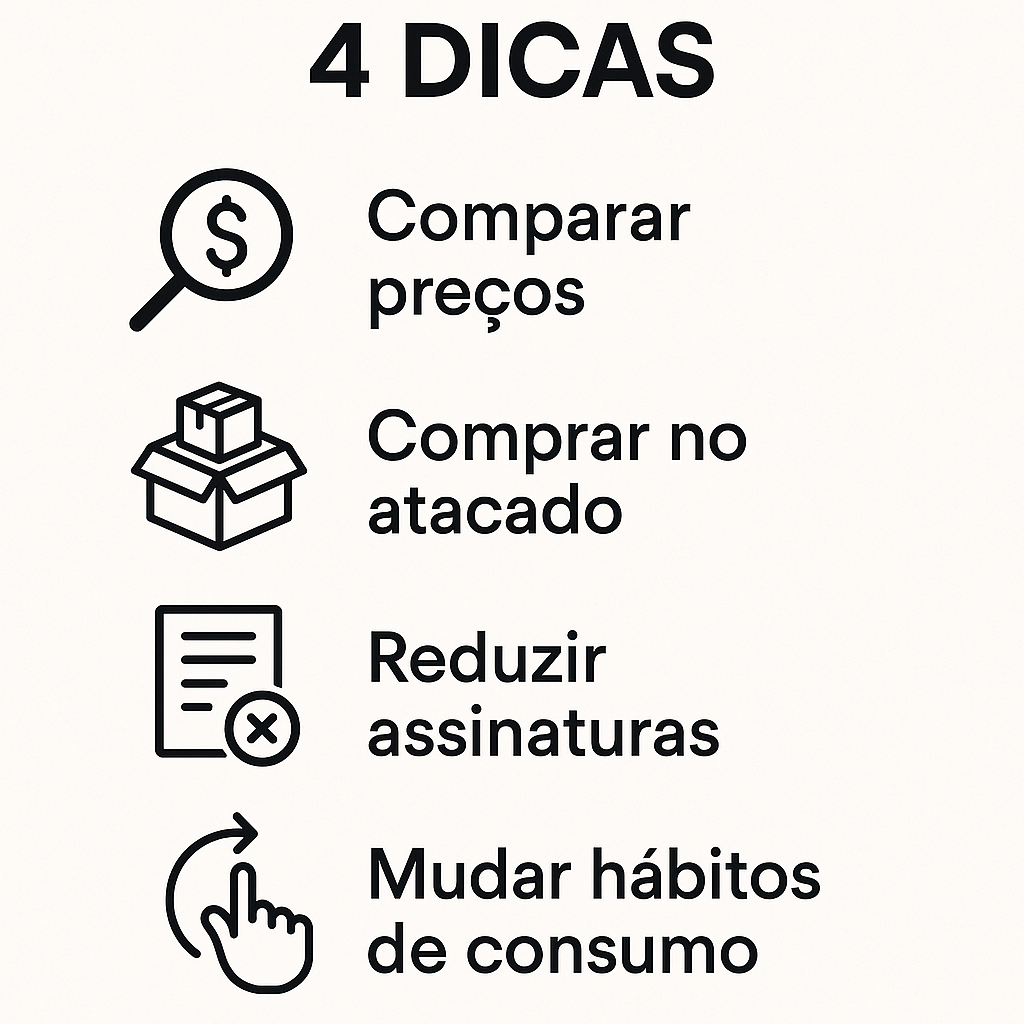 Infográfico com quatro dicas para economizar: comparar preços, comprar no atacado, reduzir assinaturas e mudar hábitos de consumo.