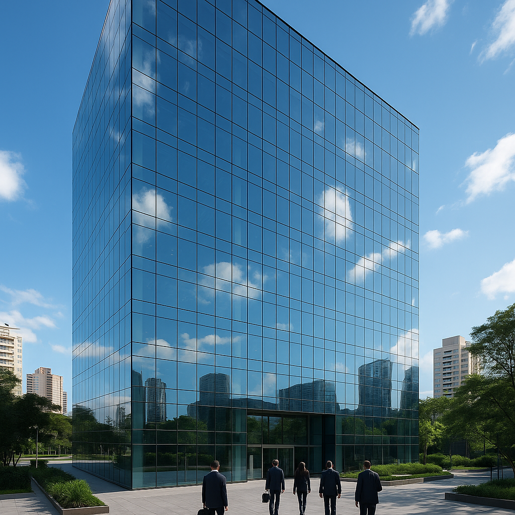 Fachada espelhada de prédio comercial moderno refletindo o céu azul com nuvens, com pessoas de terno caminhando em direção à entrada.