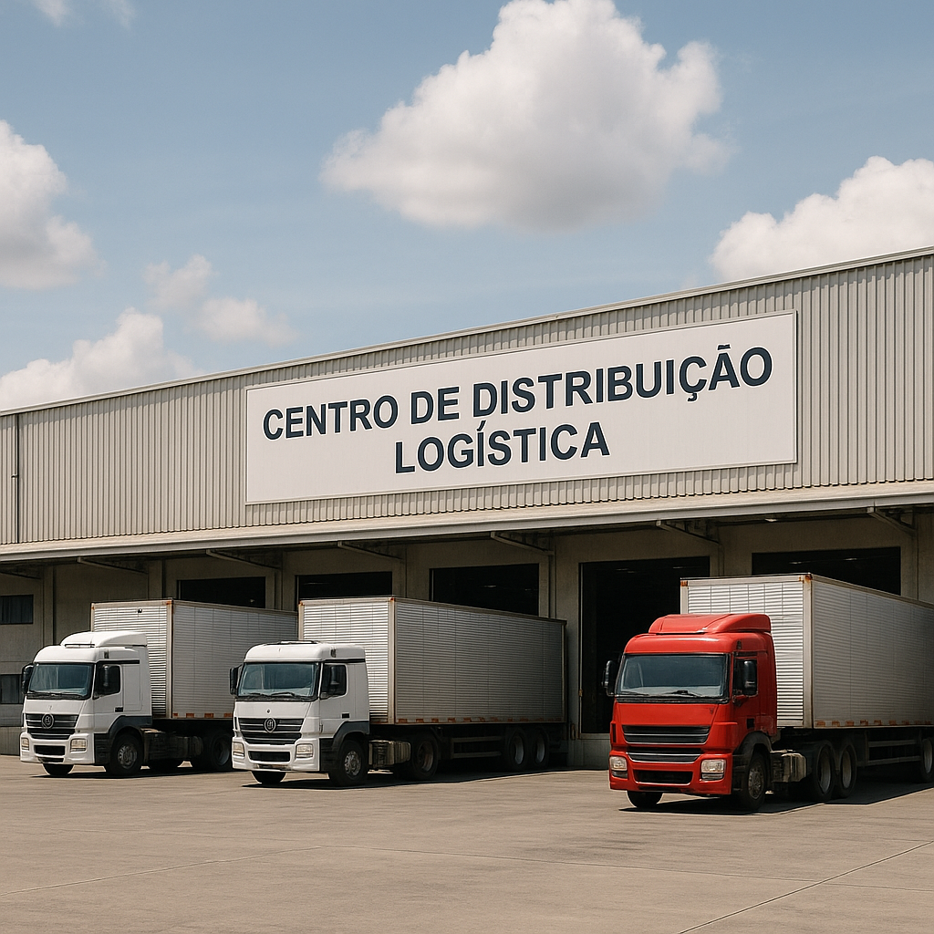 Fachada de centro de distribuição logística com três caminhões estacionados para carga e descarga.