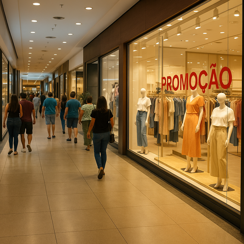 Corredor de shopping center com pessoas caminhando e vitrine de loja de roupas em promoção.