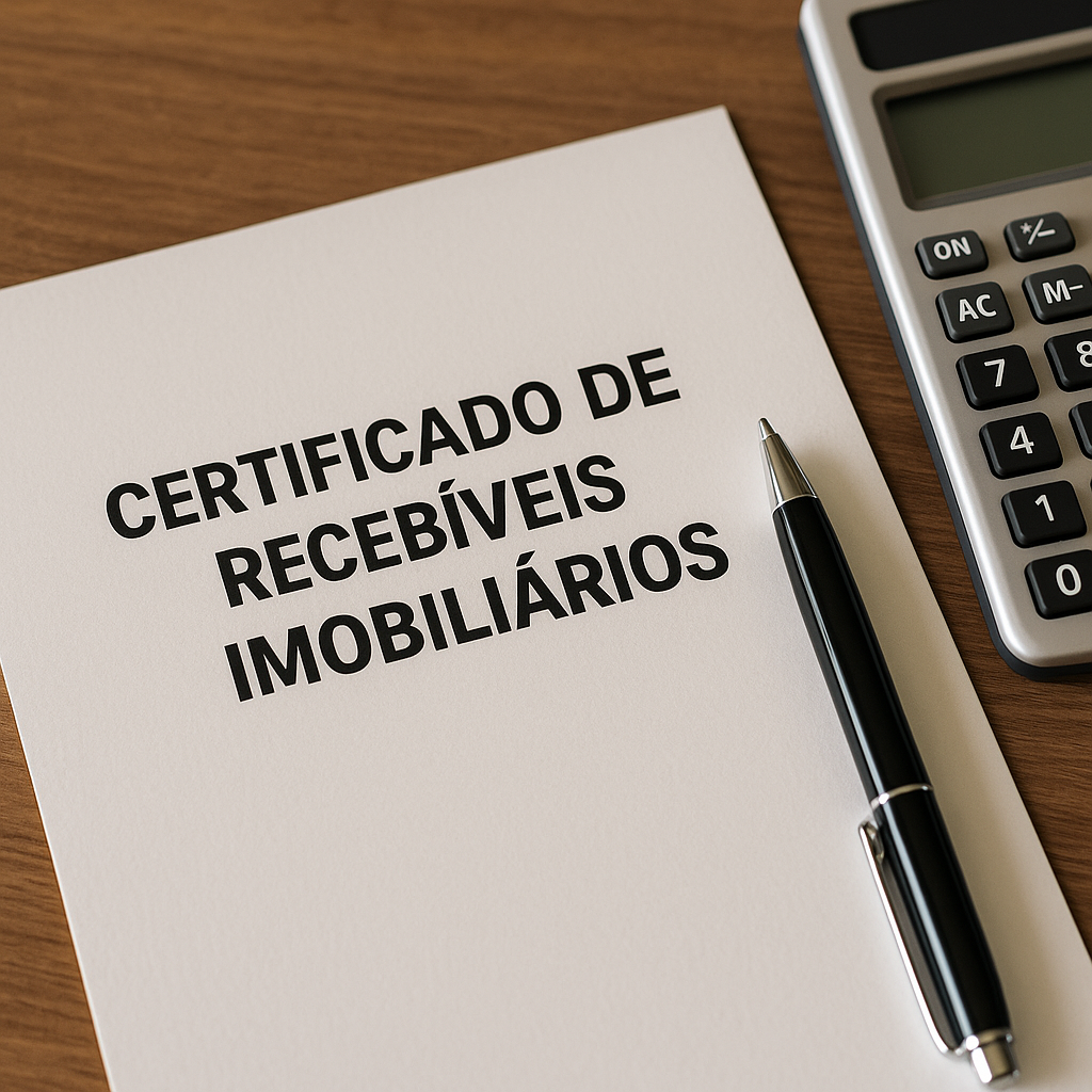 Documento com título “Certificado de Recebíveis Imobiliários” sobre mesa, acompanhado de caneta e calculadora.