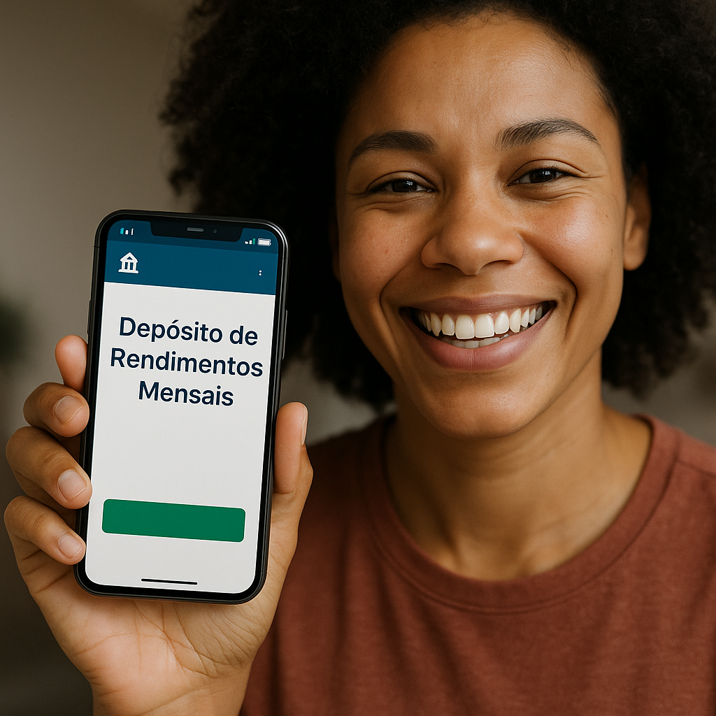 Mulher sorridente segurando smartphone com a frase