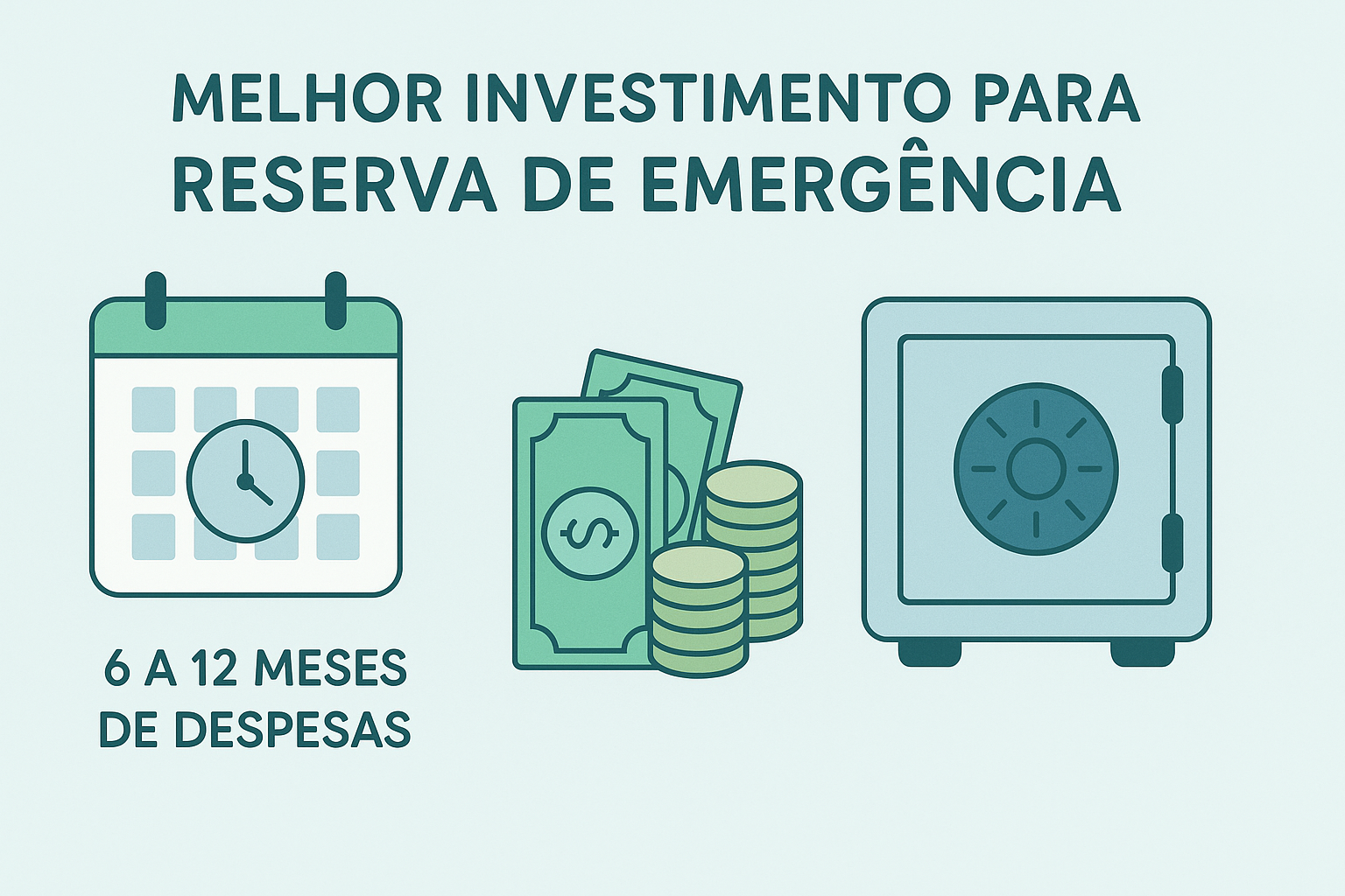 Ilustração com calendário, dinheiro e cofre, destacando a importância de guardar de 6 a 12 meses de despesas para reserva de emergência.