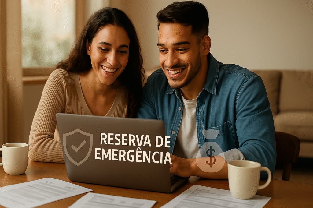 Casal sorridente olhando para um notebook com a frase “Reserva de Emergência” e ícones de segurança e dinheiro sobrepostos.