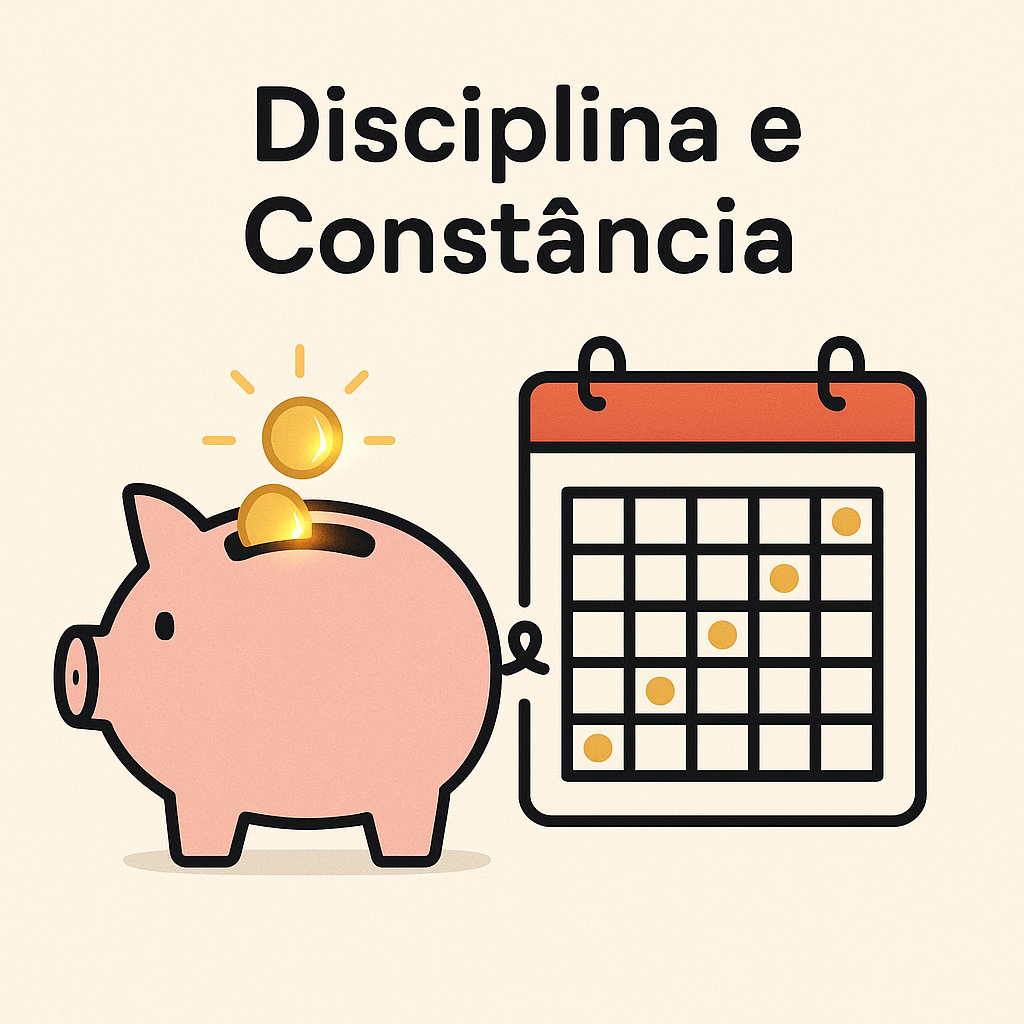 Cofrinho rosa recebendo moedas douradas ao lado de um calendário, com a frase “Disciplina e Constância