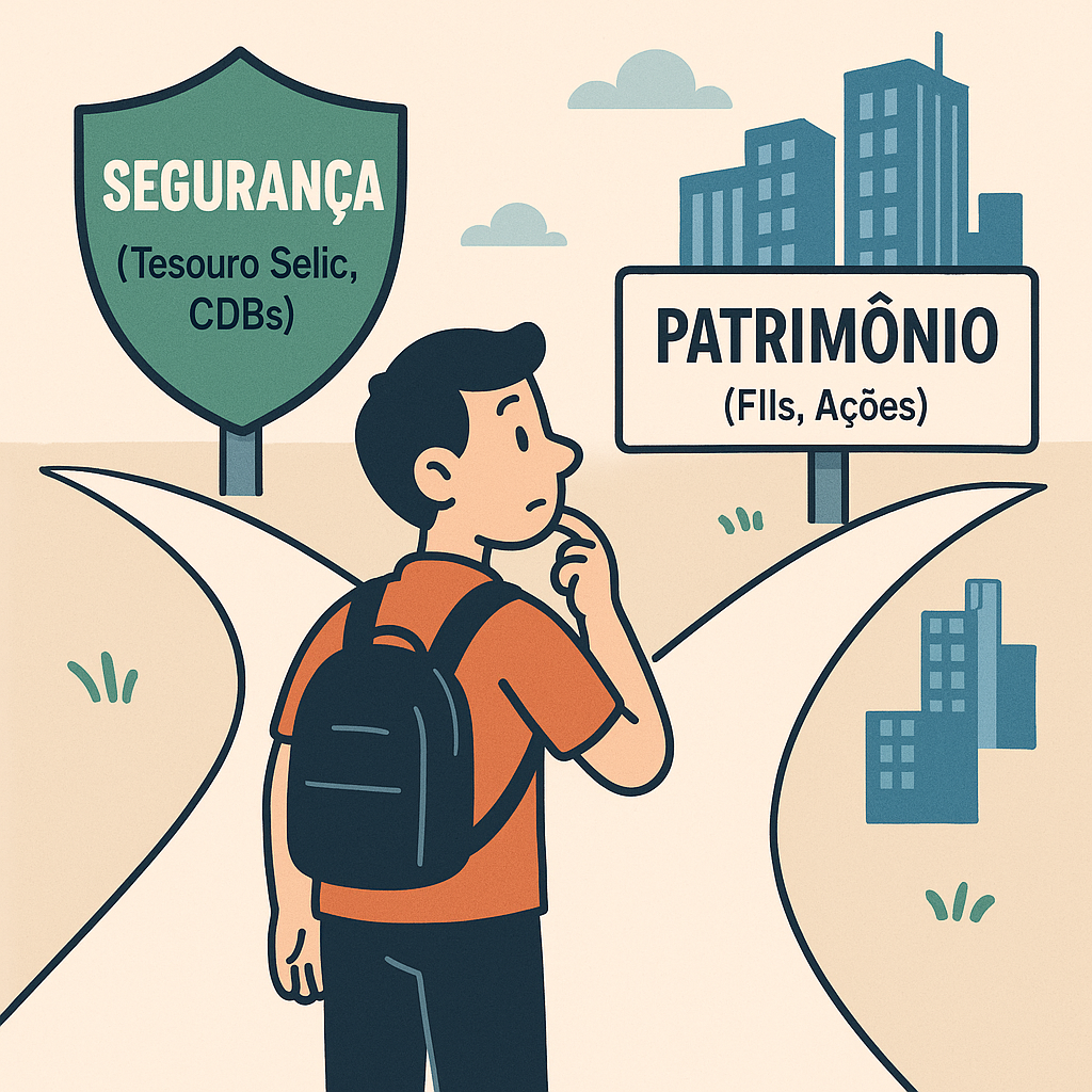 Jovem em frente a uma encruzilhada escolhendo entre segurança em Tesouro Selic e CDBs ou patrimônio em FIIs e ações.