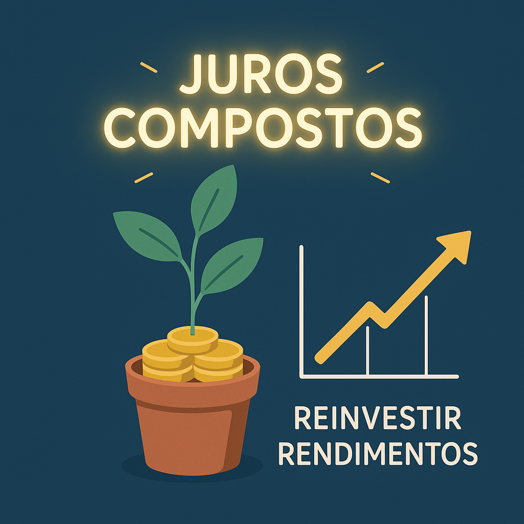 Ilustração de um vaso com moedas e uma planta crescendo, ao lado de um gráfico em alta, representando juros compostos e reinvestimento de rendimentos.
