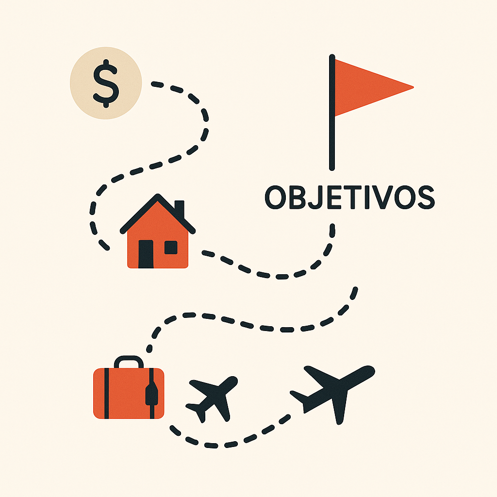 Ícones de viagem, casa e dinheiro conectados por um caminho até uma bandeira de objetivos.