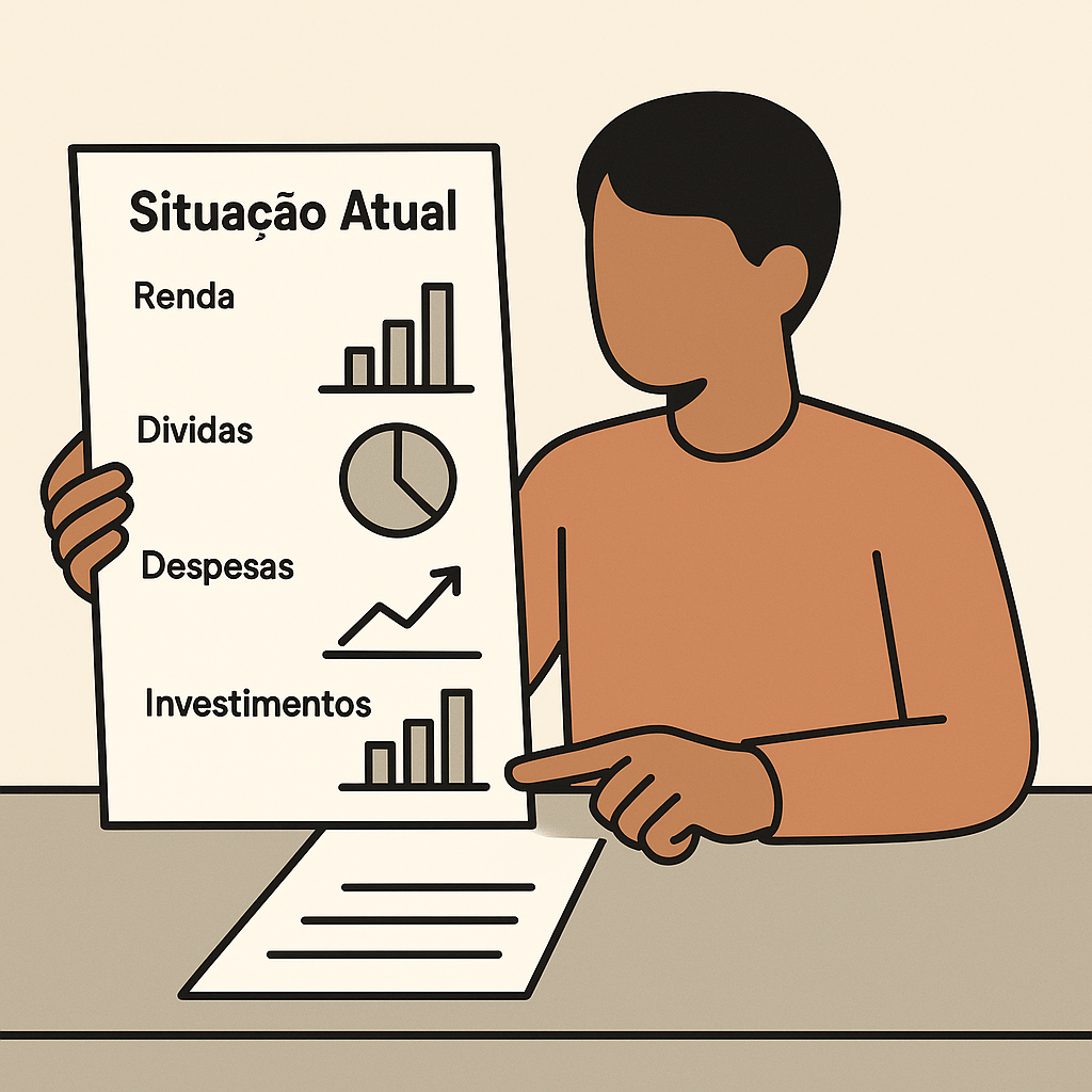 Pessoa segurando um relatório com gráficos sobre renda, dívidas, despesas e investimentos.