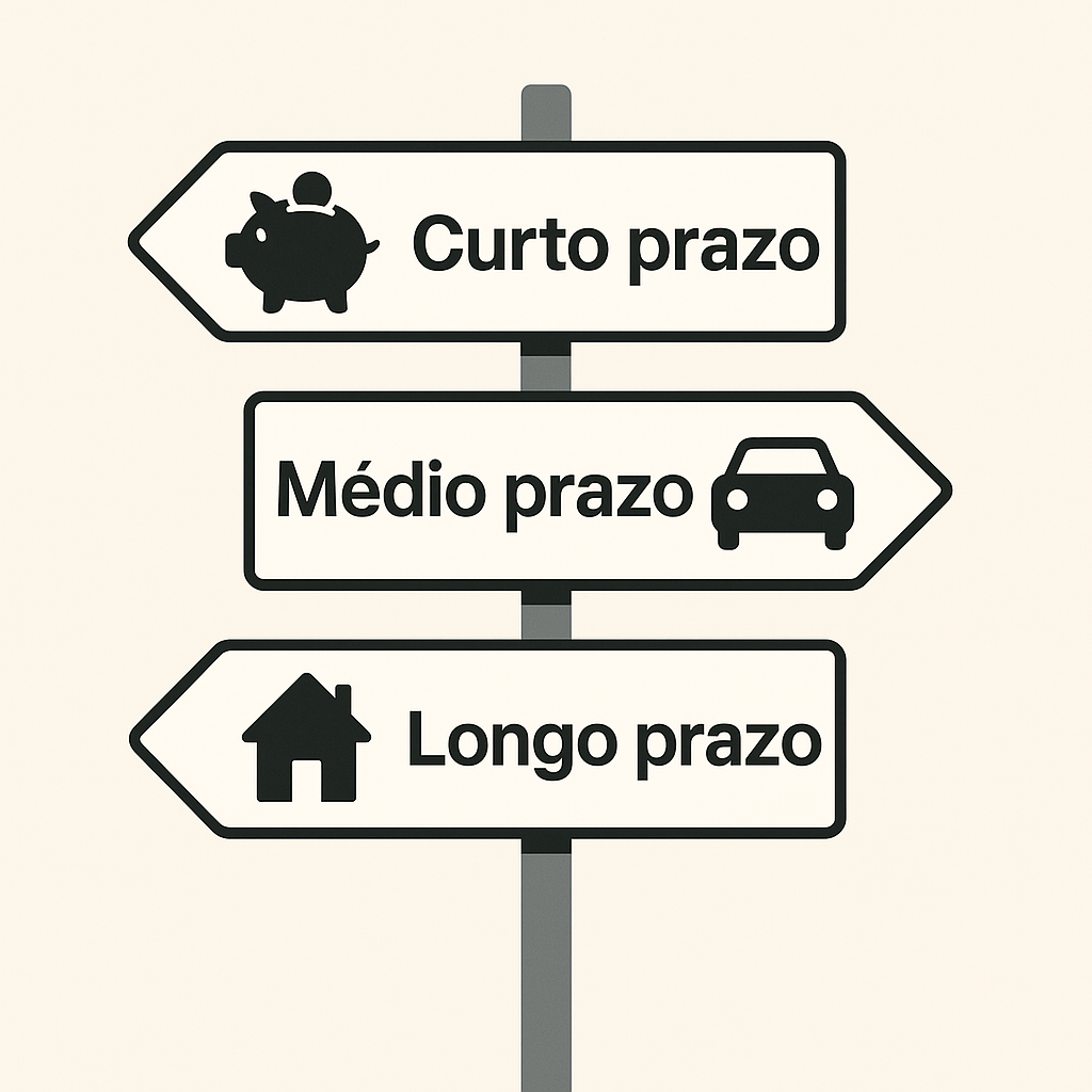 Placas de direção indicando metas de curto, médio e longo prazo.