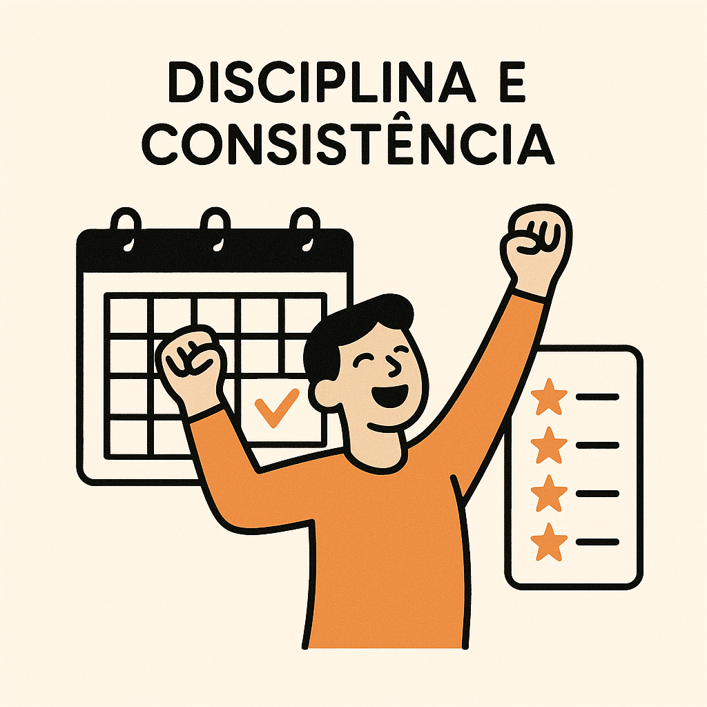 Pessoa comemorando com os braços erguidos diante de um calendário marcado e uma lista de tarefas concluídas, representando disciplina e consistência.
