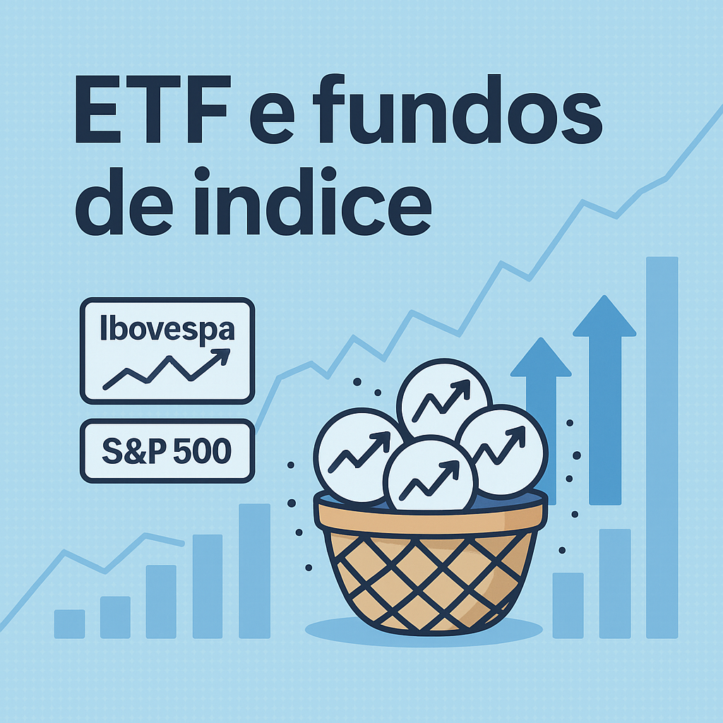Ilustração com o título ETF e fundos de índice, mostrando ícones do Ibovespa e S&P 500, além de um cesto com ativos representados por setas de crescimento.