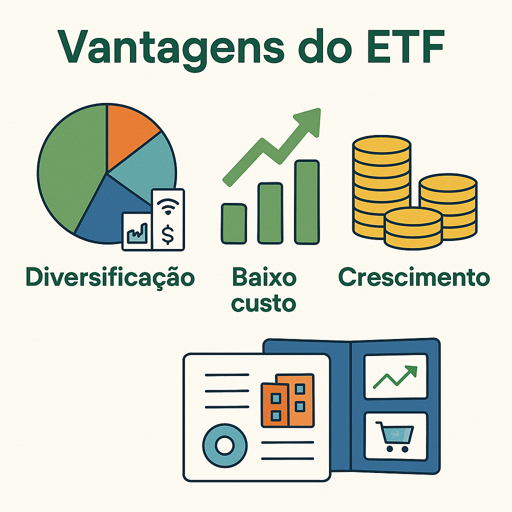 Ilustração com o título Vantagens do ETF, destacando três benefícios principais: diversificação, baixo custo e crescimento.