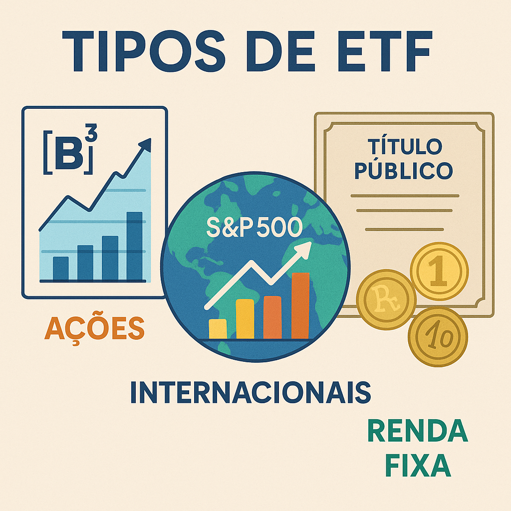 Ilustração com o título Tipos de ETF, mostrando categorias como ações, internacionais e renda fixa.