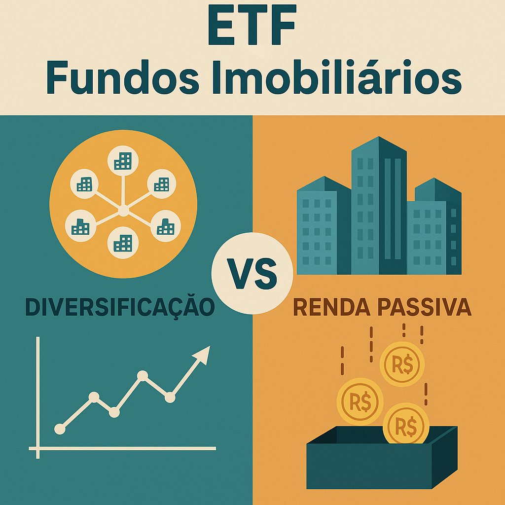 Ilustração comparando ETF de Fundos Imobiliários, destacando os conceitos de diversificação e renda passiva.