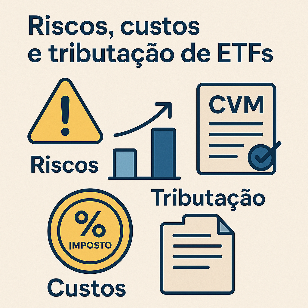 Ilustração com o título Riscos, custos e tributação de ETFs, destacando ícones de alerta, impostos, custos e regulação da CVM.