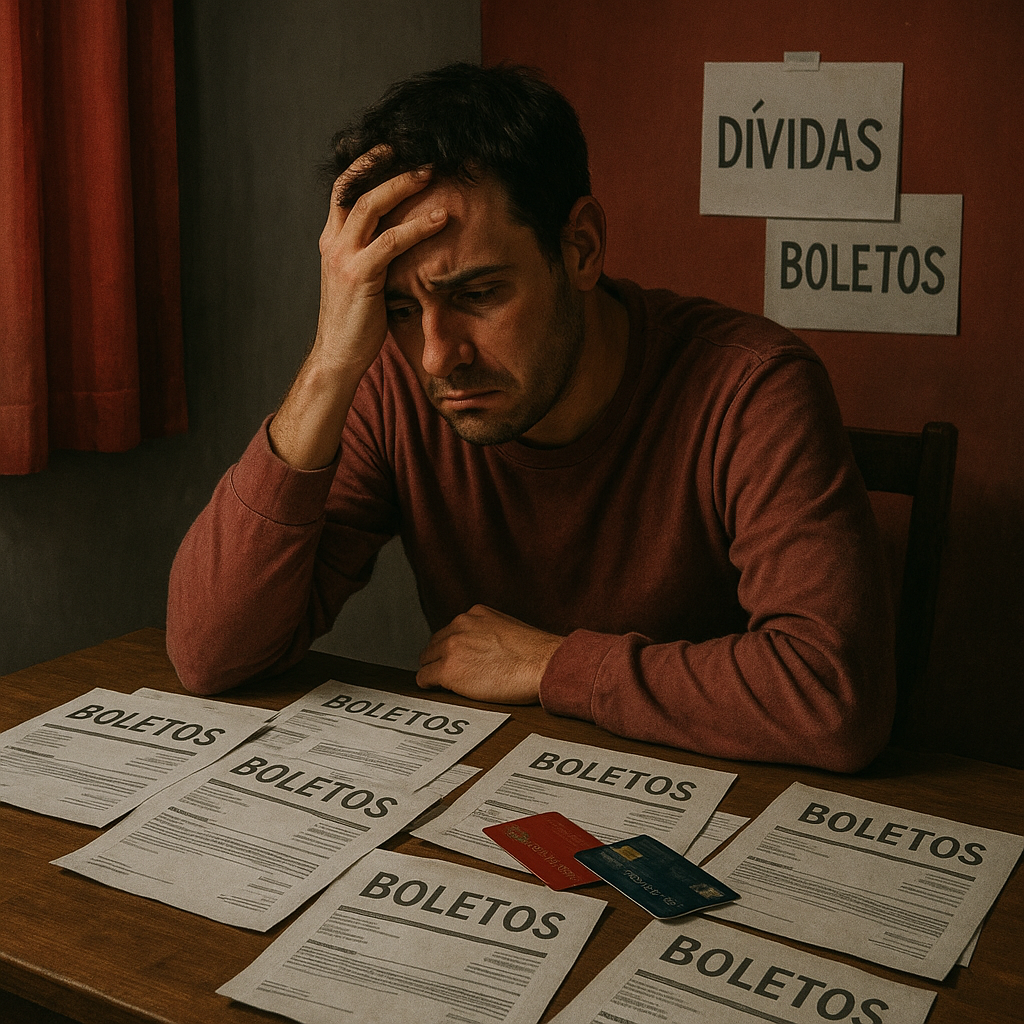 Homem preocupado sentado à mesa cercado por boletos e cartões de crédito, simbolizando dívidas.