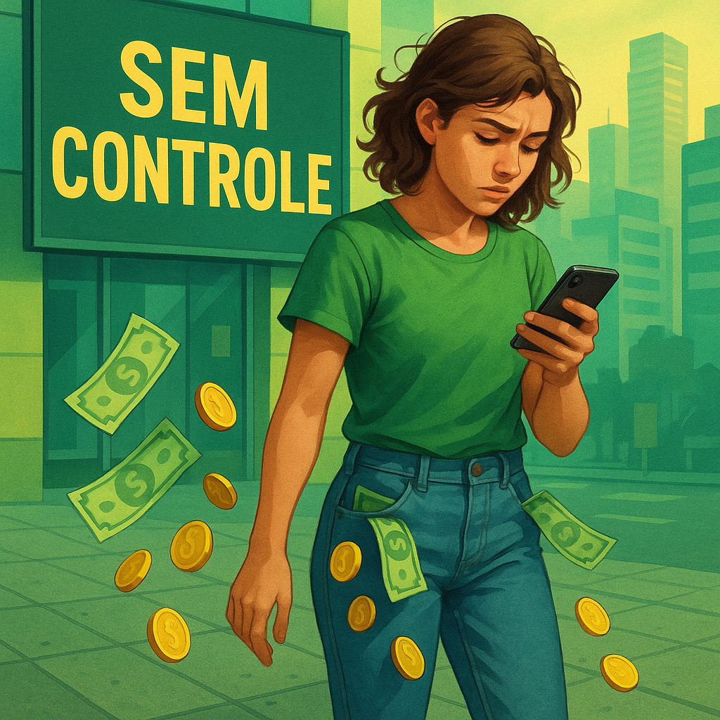 Pessoa jovem olhando para o celular enquanto perde dinheiro dos bolsos, simbolizando falta de controle financeiro.