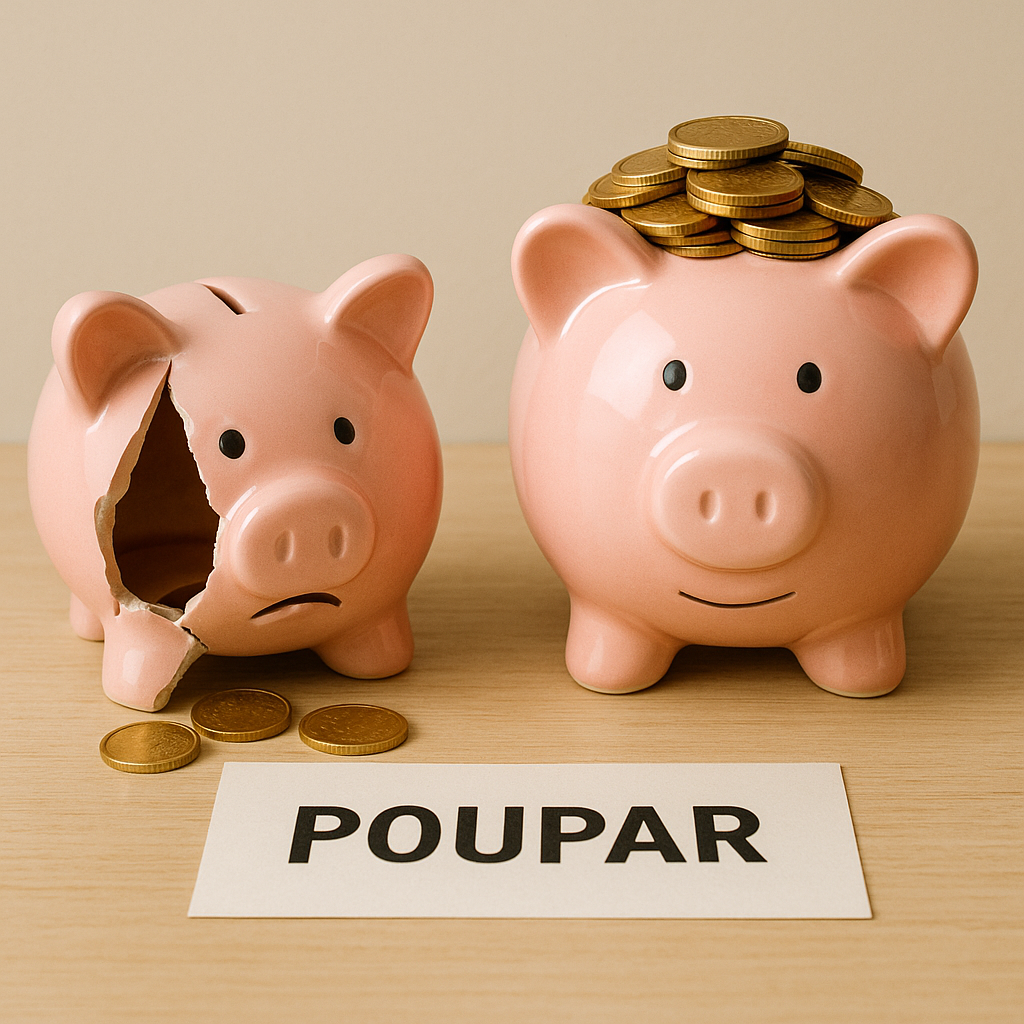 Dois cofres de porquinho lado a lado: um quebrado e vazio e outro cheio de moedas, simbolizando a importância de poupar.