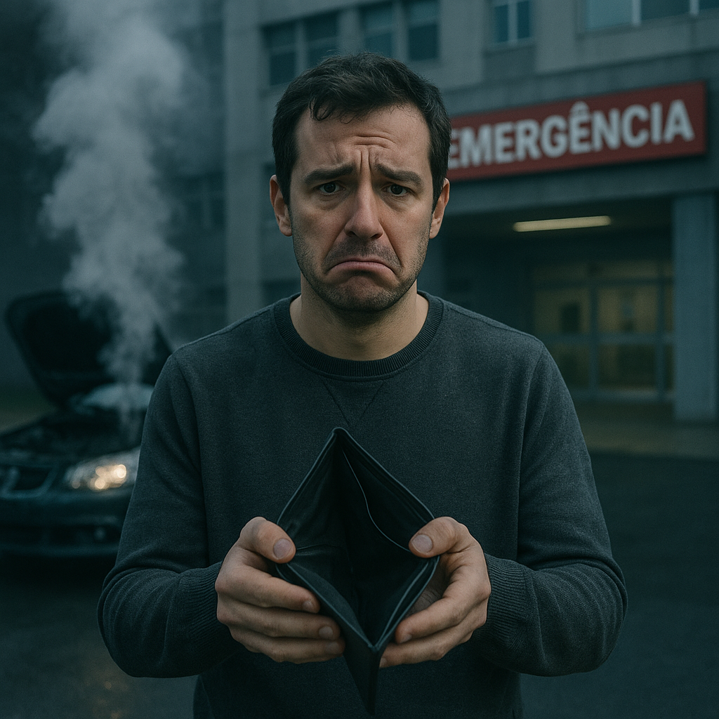 Homem triste em frente a um hospital de emergência, mostrando carteira vazia.