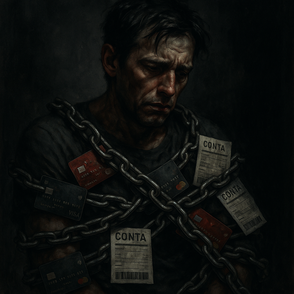 Homem acorrentado com cartões de crédito e contas presas ao corpo, simbolizando aprisionamento pelas dívidas.