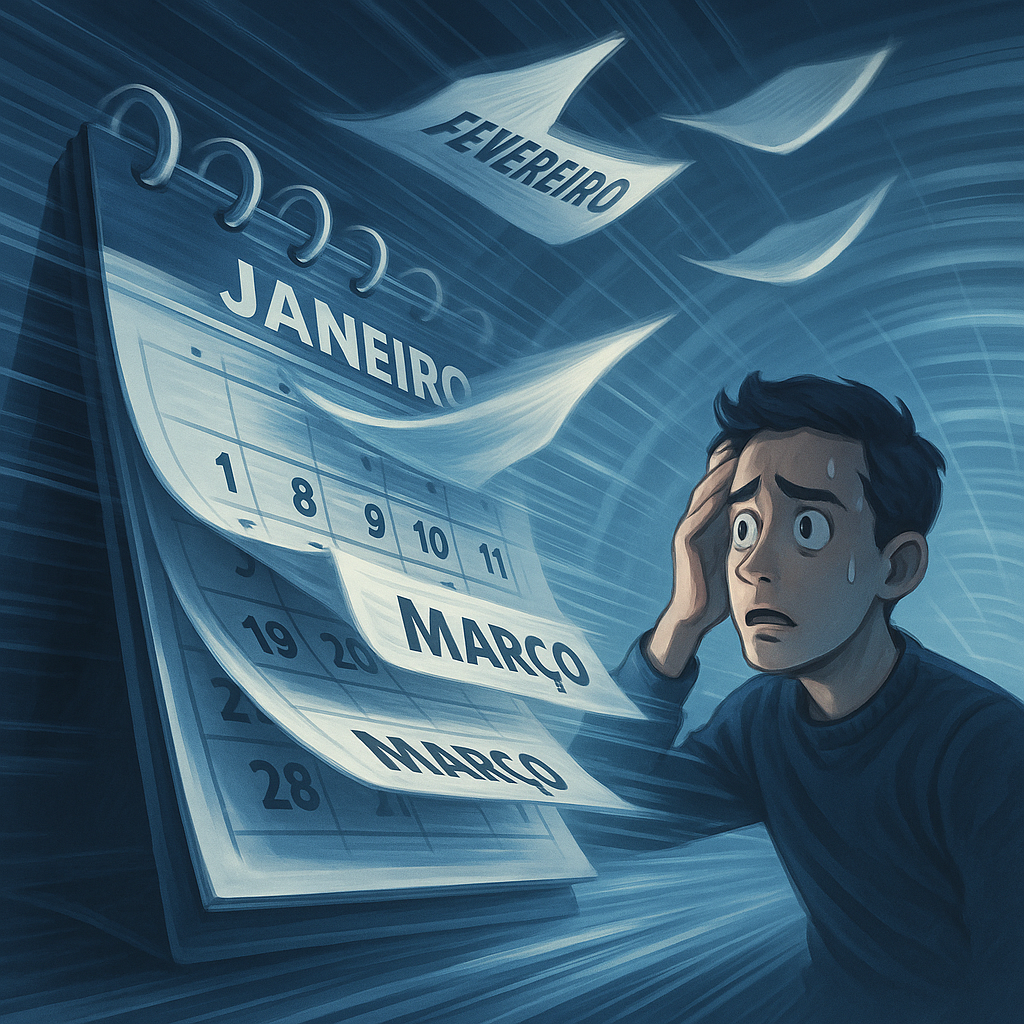 Homem assustado ao ver as folhas do calendário passando rapidamente, simbolizando a sensação de que o tempo está voando